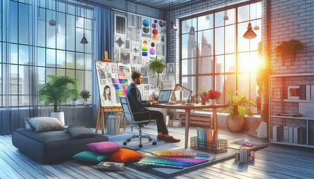 Modern office interior with furniture and window with city view. Mixed mediaの写真素材