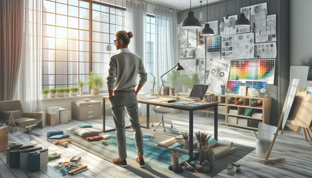 Young man in casual clothes standing in modern creative office interior. Mixed media
