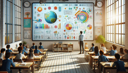 Businessman in conference room with infographics on wall. 3D rendering