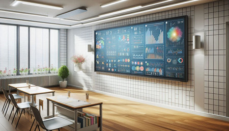 Modern conference room interior with infographs on wall. 3D rendering