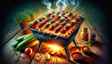Shish kebab on a barbecue grill with vegetables and spices