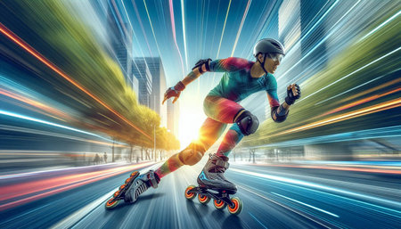 Woman on roller skates riding fast on the road at high speed
