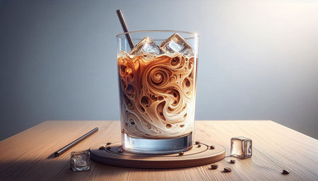 Iced coffee in glass with ice cubes and straw on wooden table