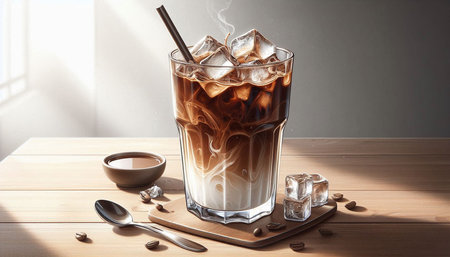 Iced coffee with milk in glass on wooden table. 3d rendering