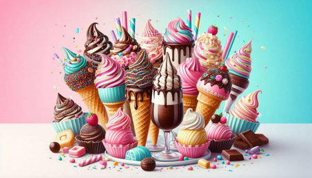 Delicious ice cream in waffle cones and chocolate candies on colorful background