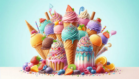 Ice cream in waffle cones with fruits and berries on blue background