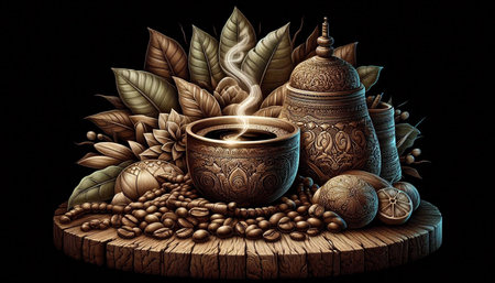 Coffee cup and coffee beans on a wooden table. Vector illustration.