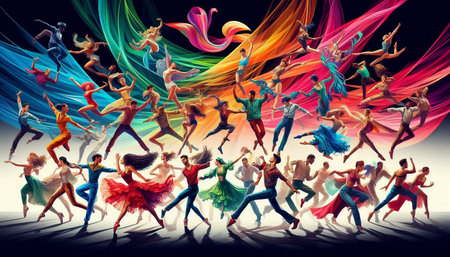 Group of dancing people on abstract colorful background. 3D illustration.
