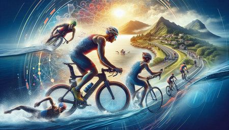 Cyclists on the road against the background of the sea and mountains