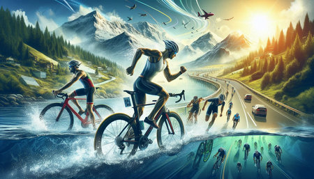 Cyclists on the road in the mountains. 3D renderingの写真素材