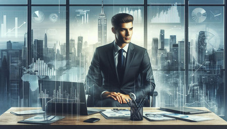 Portrait of young businessman sitting at table in office with laptop. Mixed mediaの写真素材