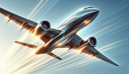 Airplane flying high in the blue sky. 3d illustration.