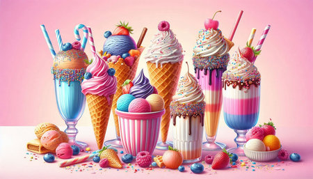Colorful ice cream in glass cups on pink background. 3d illustration