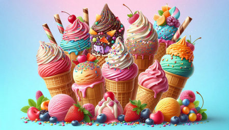 Fruit ice cream in waffle cones on blue background. 3d illustrationの写真素材