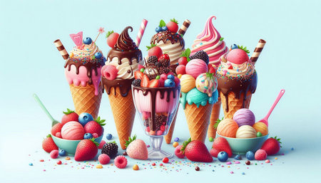 Ice cream with fruits and berries on blue background. 3d illustration
