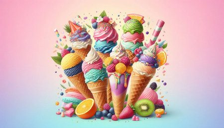 Colorful ice cream in waffle cones with fruits and berries 3d illustration