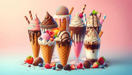 Ice cream in a glass on a blue background. 3d illustration