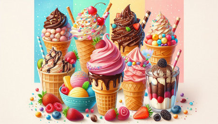 Colorful ice cream with waffle cones and candies on colorful background