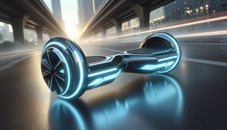 Close up of self-balancing electric self-balancing gyro scooter on the road. 3D rendering