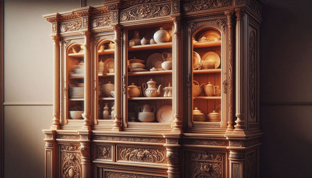 Cabinet with dishes in the interior of an old house.