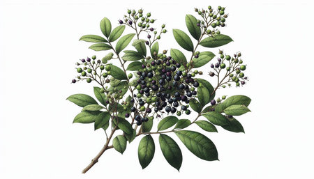 Branch of elderberry with green leaves and berries isolated on white background