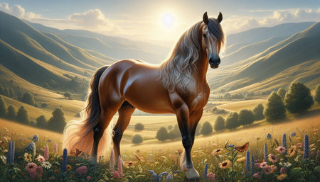 Horse in the meadow with flowers. 3d illustration.の写真素材
