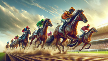 Horse race with jockeys and riders at sunset. 3D rendering