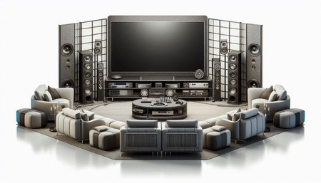 3d rendering of a home theater with television and sofa on white background