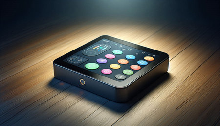 Smartphone with buttons on a wooden table. 3D rendering.の写真素材