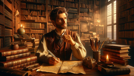 Handsome man in medieval costume sitting at the table and writing in his diary.