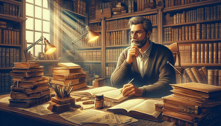 Portrait of a lawyer sitting at his desk in his office and writing in his notebook.