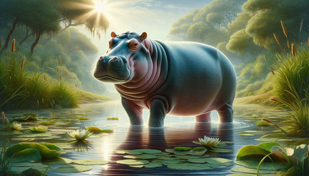 Hippopotamus in the pond. 3D illustration of a hippopotamus