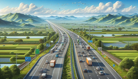 Highway with cars and trucks in the countryside. 3d rendering
