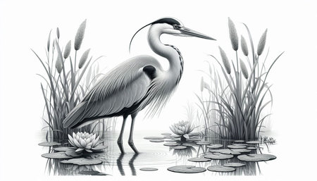 Illustration of a great blue heron standing on a pond.の写真素材