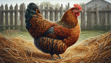 chicken in the field on a background of wooden fence. 3d illustrationの写真素材