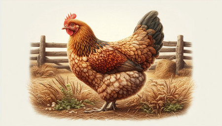 chicken on the farm, illustration in old color image style.の写真素材