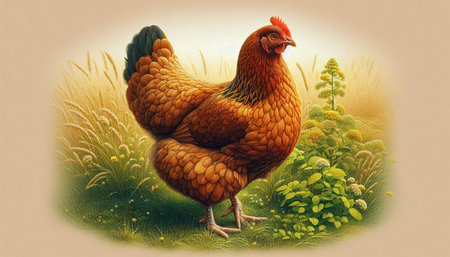 chicken in the meadow, painting in old color image styleの写真素材