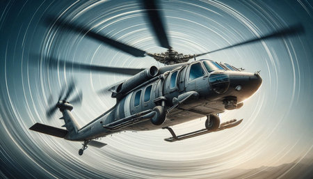 Military helicopter flying in the sky. 3d rendering toned image