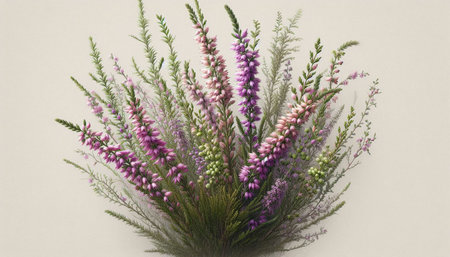 Bouquet of pink and purple heather flowers on white backgroundの写真素材