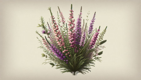 Bouquet of pink and purple heather flowers in a vaseの写真素材
