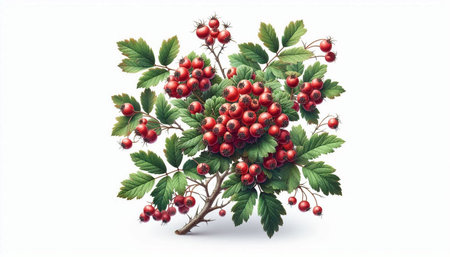 Hawthorn branch with red berries isolated on white background. Botanical illustration.