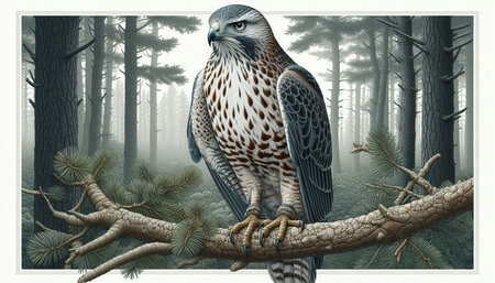 Illustration of a Red-tailed Hawk on a branch in the forest