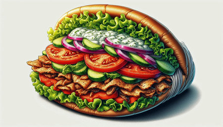 Illustration of a sandwich with lettuce, cucumber, tomato and onionの写真素材