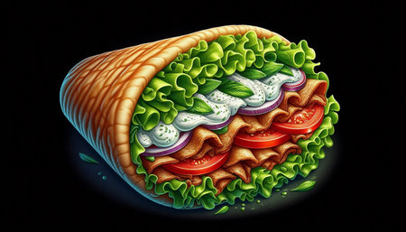 Illustration of a sandwich roll with lettuce, tomato, onion and cheeseの写真素材
