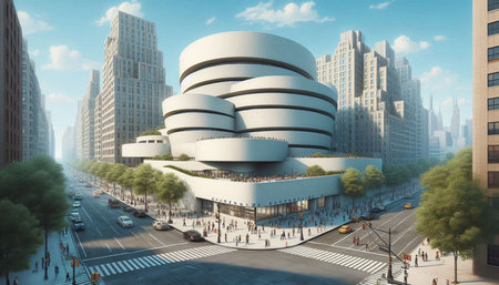 3D rendering of a modern building in the middle of the city