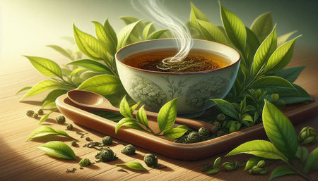 Green tea in bowl with green tea leaves and wooden spoon on wooden table