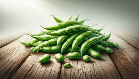 Green beans on a wooden table. Food background. 3d rendering