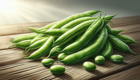 Fresh green beans on wooden table, closeup. Healthy food concept