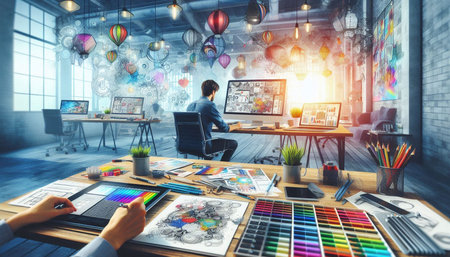 Designer working in modern office with digital devices and computers. Mixed media