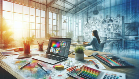 Designer woman working in modern office with laptop and tablet. Mixed media